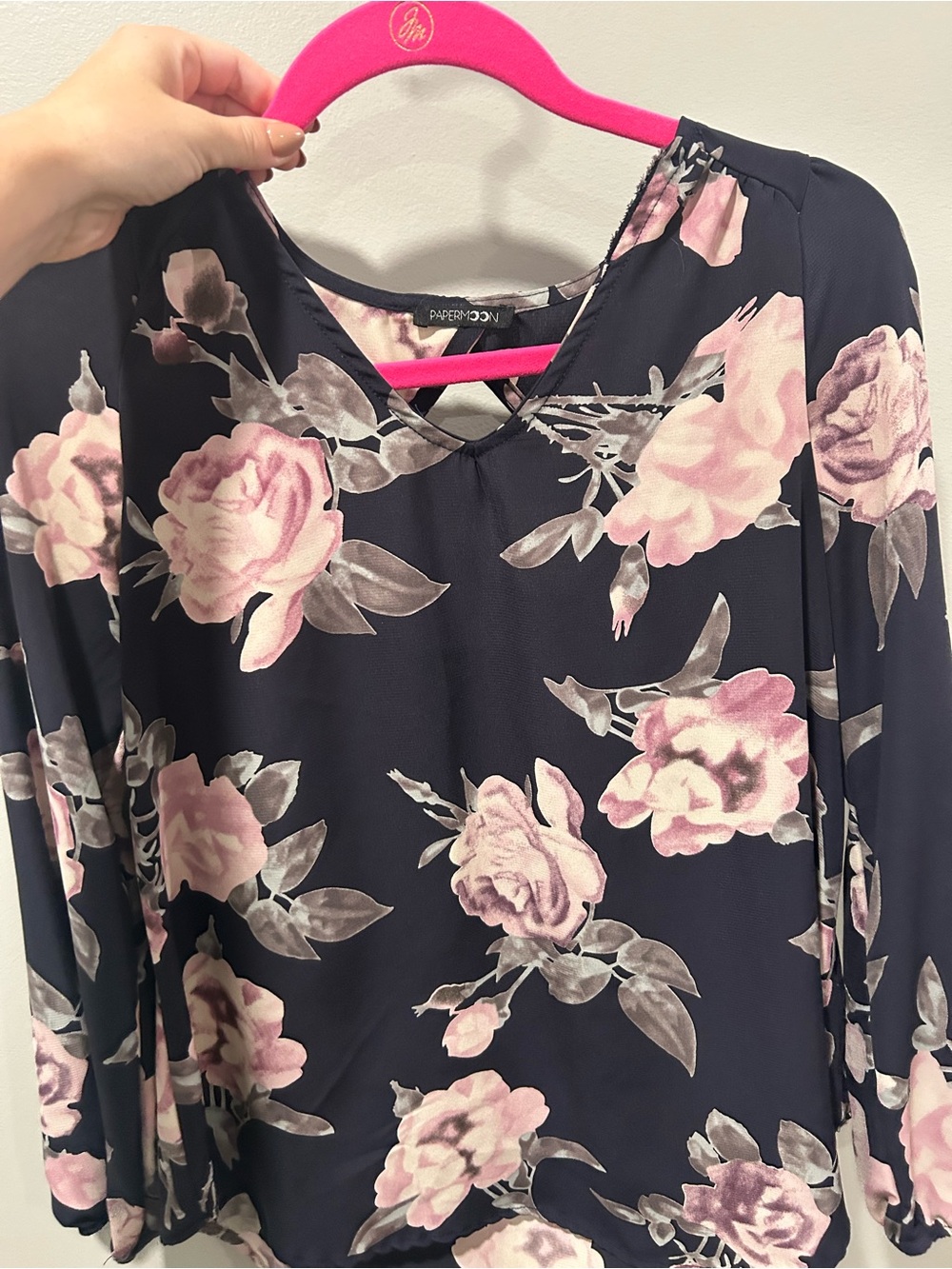 Papermoon Navy Floral Long Sleeve V-Neck Blouse with Pink Roses